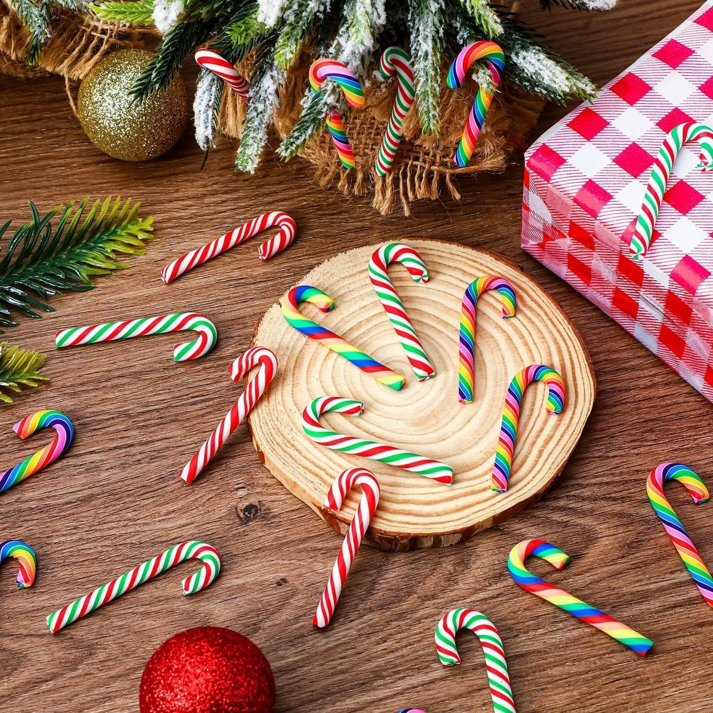 JUNEBRUSHS 120 Pcs Christmas Mini Candy Cane Fake Candy Canes Christmas Ornaments for Xmas Tree Vase Filler DIY Crafts Holiday Table Decor