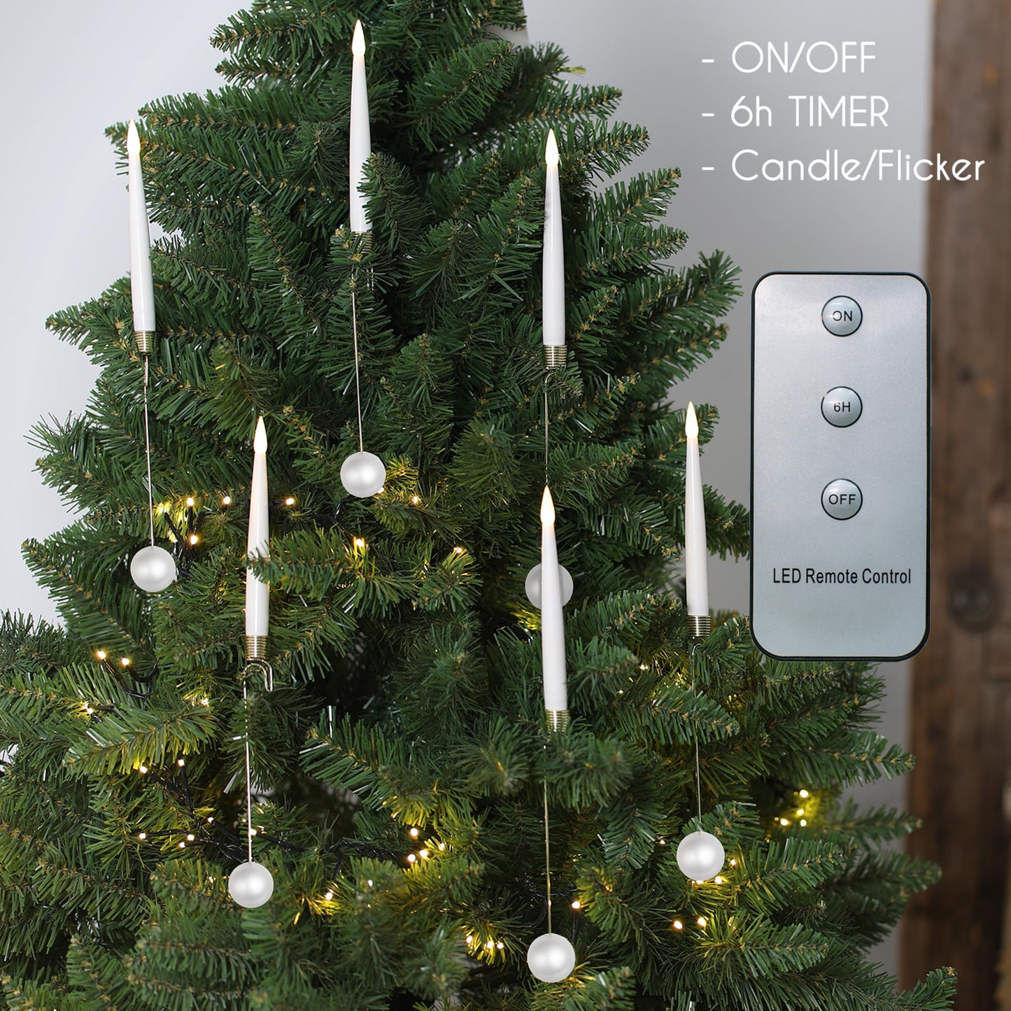 LUSHARBOR Christmas Tree LED Candles, 10 Pack Battery Operated with Remote, Fake Candles for Xmas Wedding Decor with Pearl Ball Hook