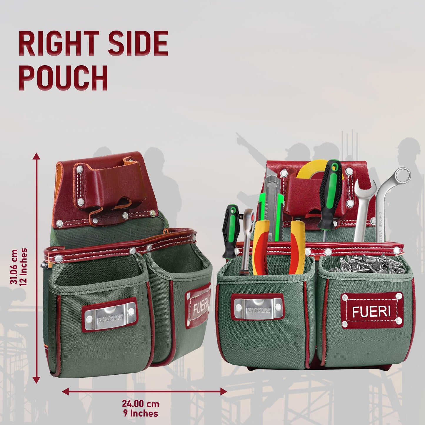 FUERI Carpenter Tool Belt made with Nylon & Grain Leather comes with Adjust to fit Padded Belt, Pouches with multiple pockets, Suspender loops, and a Hammer Holder (Best Gift for your father)