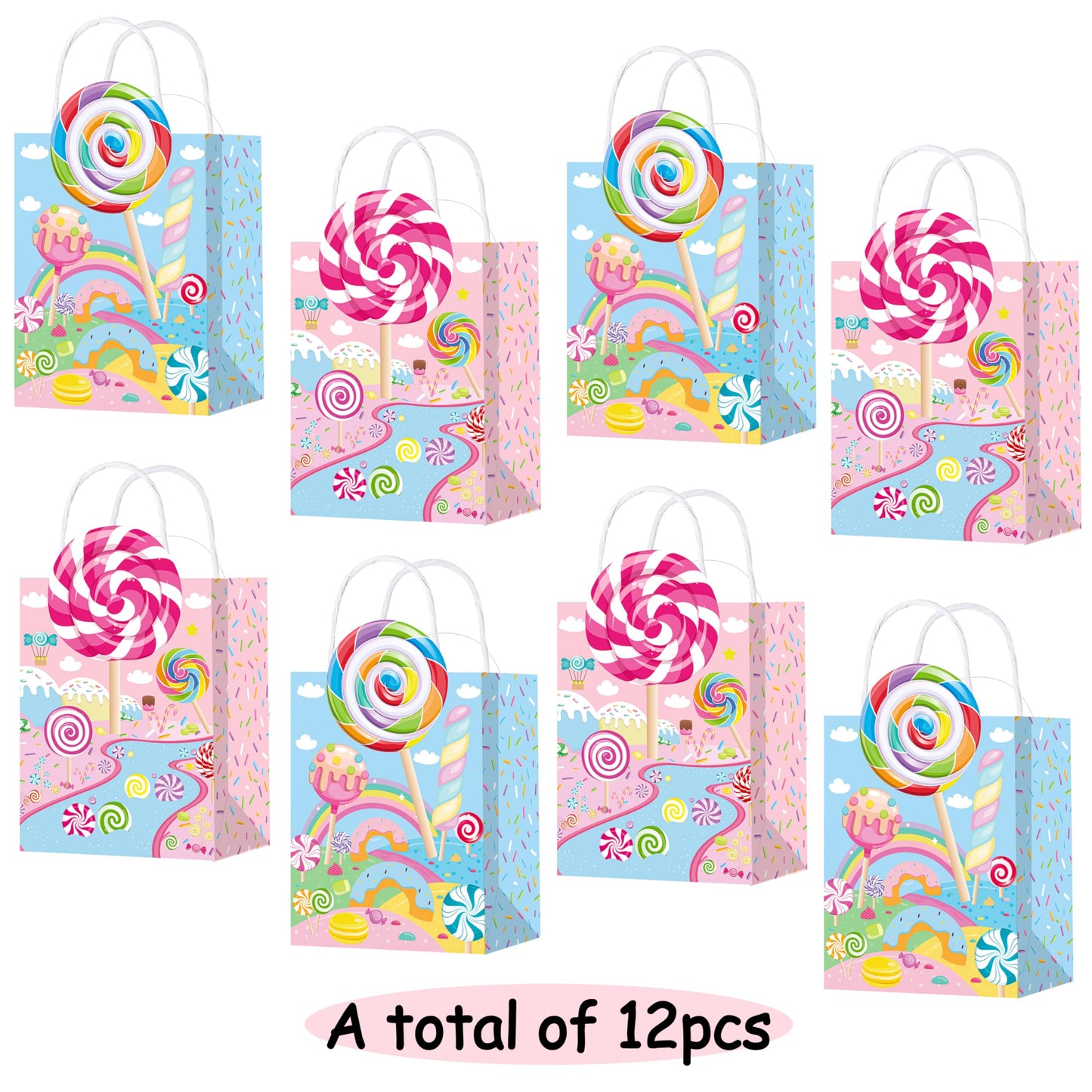 C L cooper life 12pcs Candyland Party Gift Treat Bags with Handles - Lollipop Themed Party Goodie Bags - Candyland Birthday Party Supplies