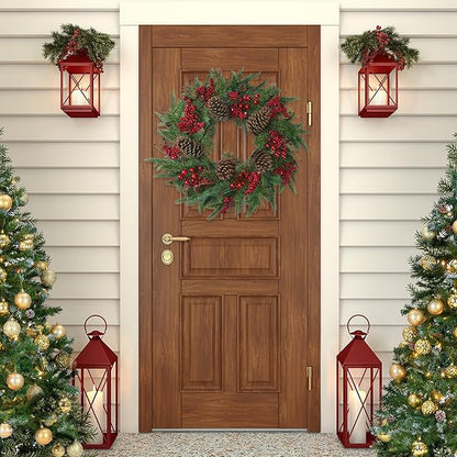 22’’ Artificial Christmas Wreath Norfolk Pine Wreath for Front Door with Pine Needles Red Berries Big Pinecones Christmas Decorations for Winter Farmhouse Wall Indoor Outdoor Home Holiday Xmas Decor