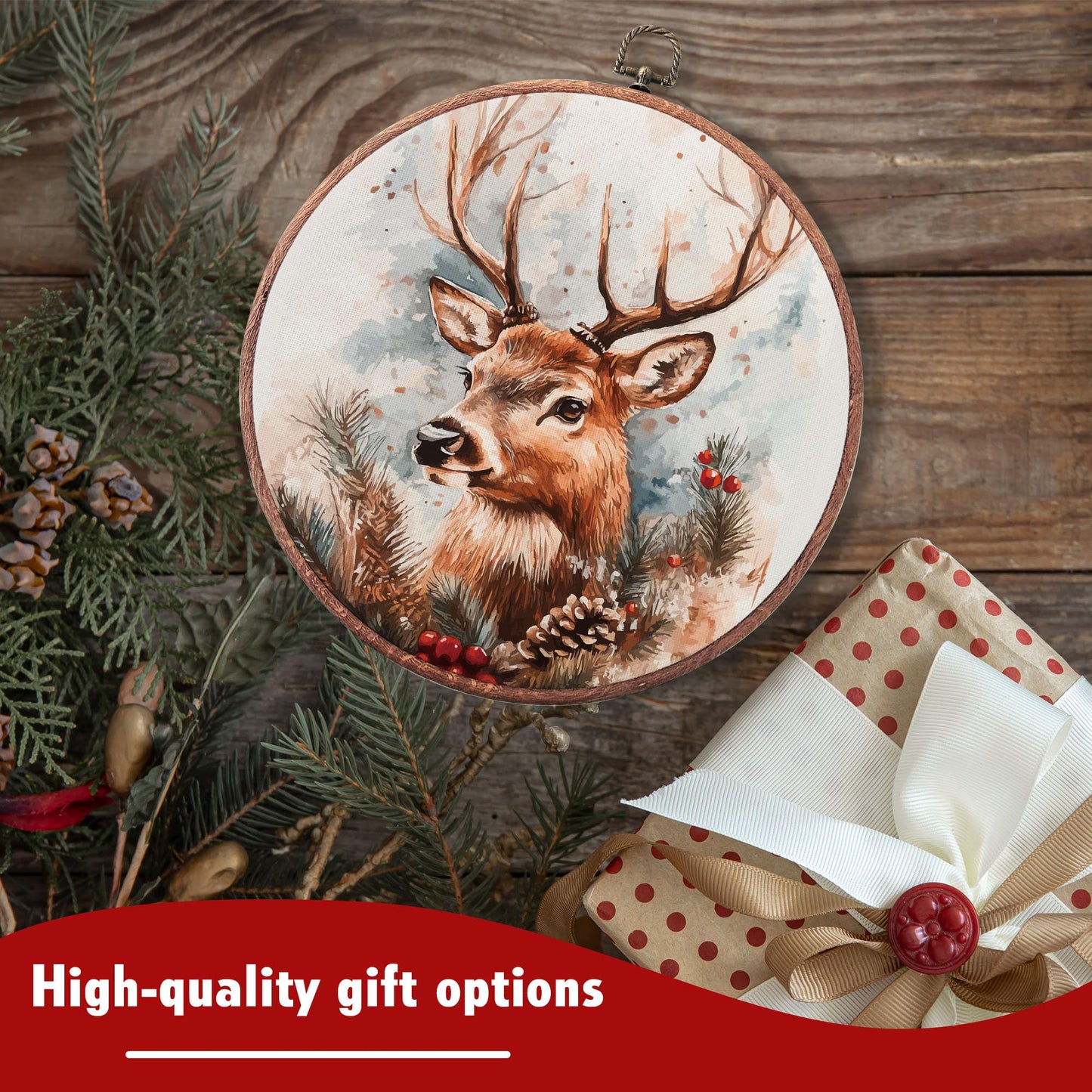heiyihe Round Christmas Reindeer Canvas Hanging Prints, 10x10 Inches Round Christmas Canvas Frame Wall Art Decor, Embroidery Kit Decor for Home Living Room, Xmas Gift Ideas for Family Friends-A12