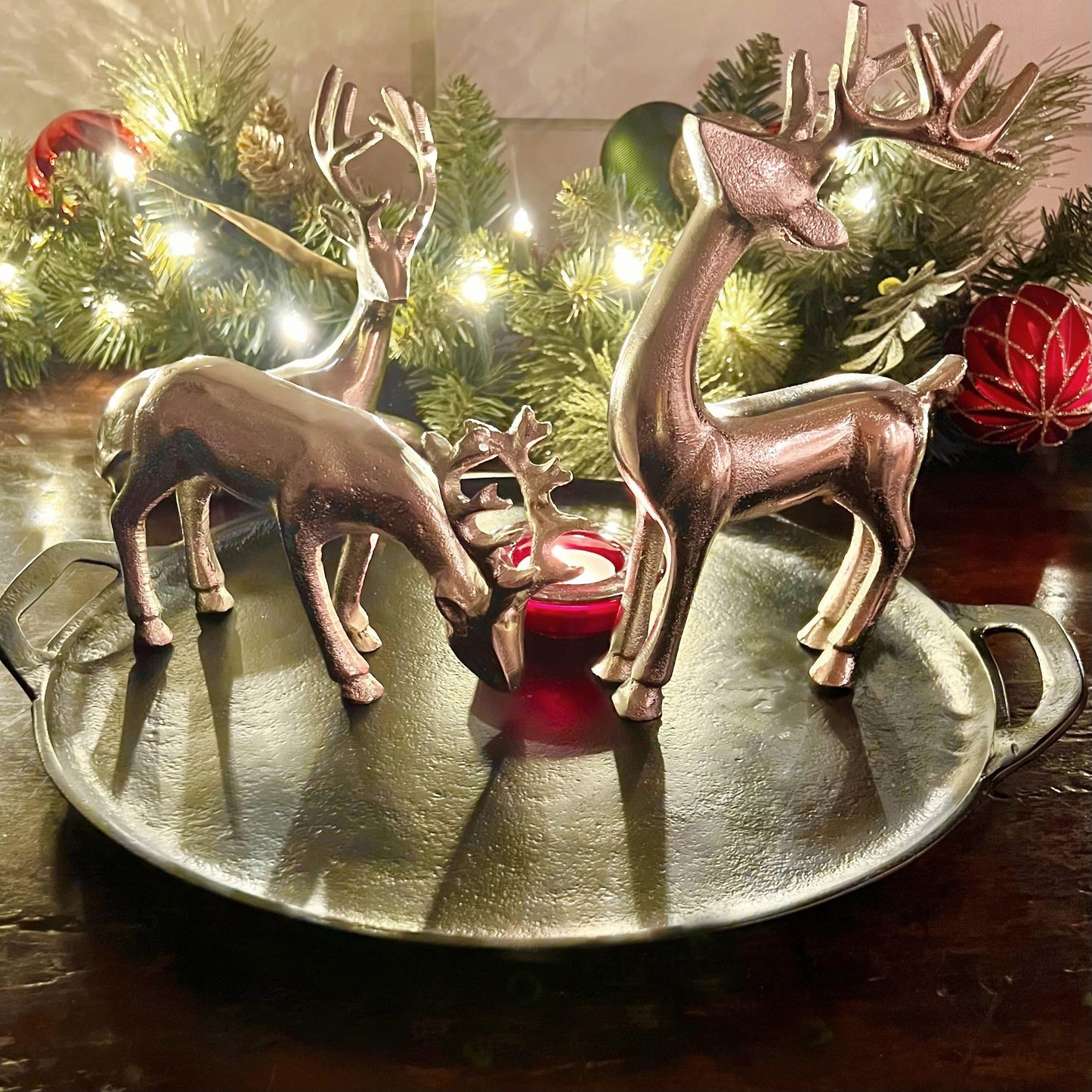 WHW Whole House Worlds Rustic Reindeer Figurines, Set of 3, Handmade, Cast Silver Aluminum, 8.75 Inches