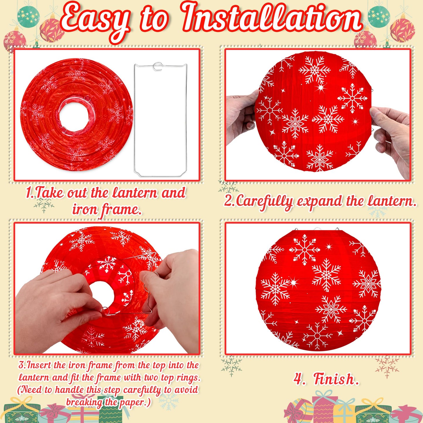 Renbuzhu 13PCS Christmas Decorations Ornaments Set – 9 Red White Hanging Paper Lanterns, 4 Pom Poms for Indoor, Home, Xmas Party, Porch Decor