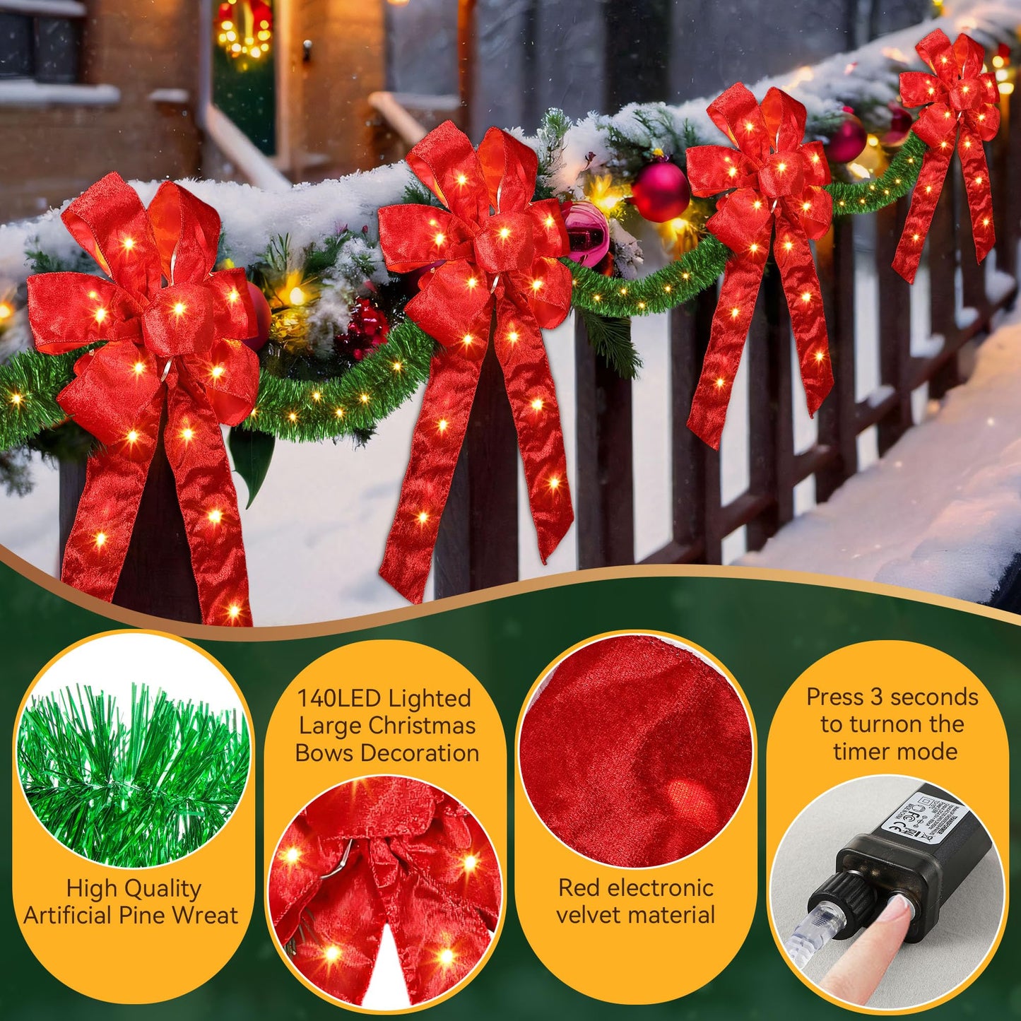 13 FT Christmas Bows Fence Decoration, 140LED Lighted Large Christmas Bows Decoration with 8 Mode and Timing Ornament for Party Front Door Fireplace (Red,Artificial Garland)