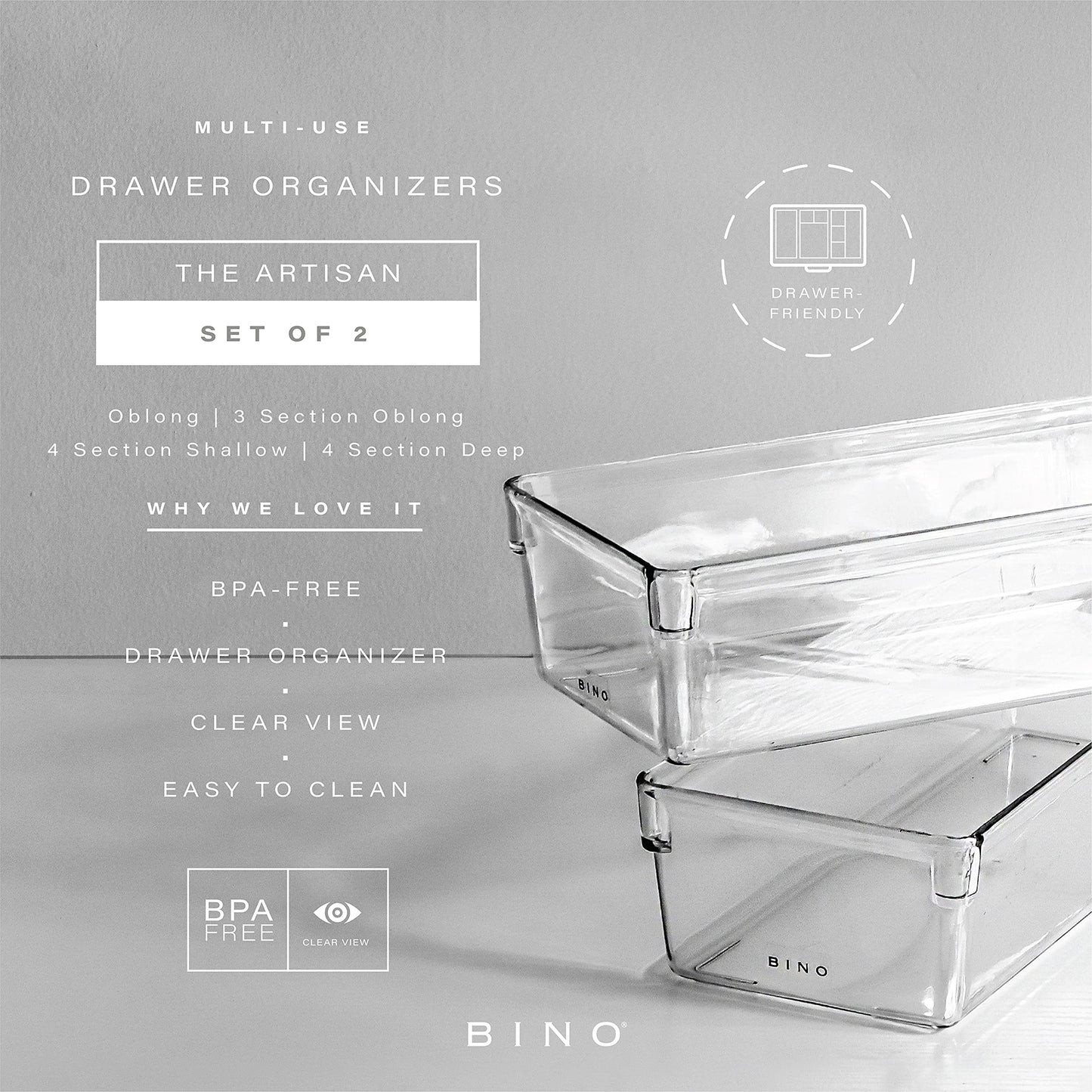 BINO | Oblong Plastic Drawer Organizer Bin, 2-Pack | THE ARTISAN COLLECTION | Multi-Purpose | Durable | BPA-Free | Desk, Vanity, Bathroom & Makeup Drawer Organizer