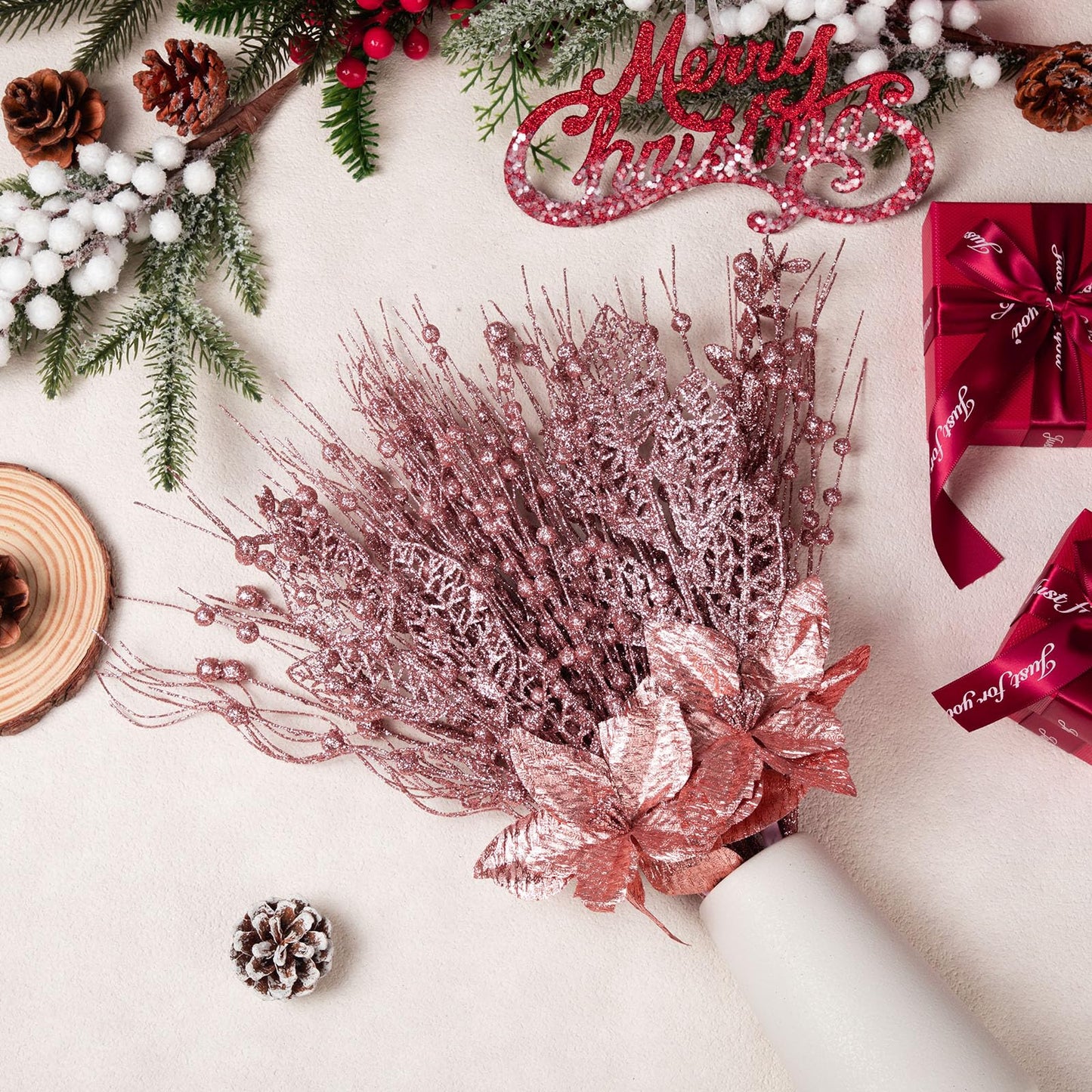 Syhood 30 Pack Holiday Vase Picks and Sprays Glitter Artificial Poinsettia Flower Berry Stems Ornaments Tree Picks Branches Curly Wispy Twigs Sticks for DIY Craft Wreath Decor(Rose Gold)