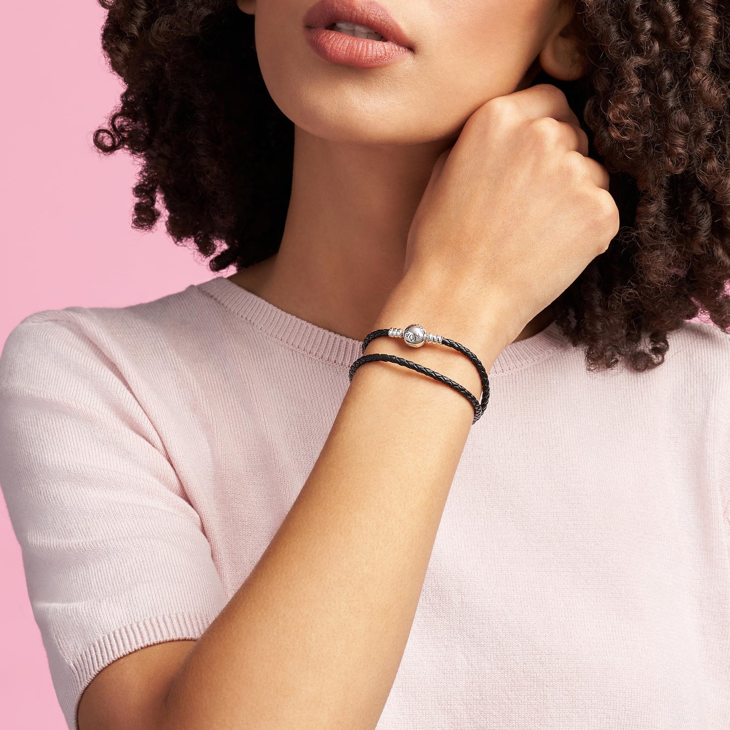 PANDORA Moments Double Woven Leather Bracelet with Silver Clasp - Sterling Silver Bracelet - Jewelry for Women - Includes Gift Box - 15