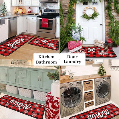 Buffalo Plaid Christmas Kitchen Rugs and Mats Set of 2 PCS, Xmas Snow Winter Holiday Party Low-Profile Floor Mat Merry Christmas Decorations for Home Kitchen - 17"x47"+17"x30"
