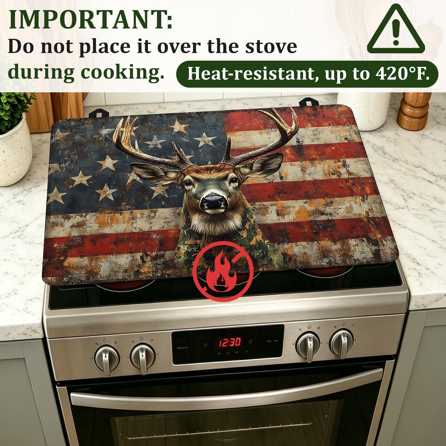 American Flag Electric Stove Top Cover Protector,Grunge Deer Glass Flat Top Stove Mat,Heat-Resistant Oven Induction Cooktop Mat for Ceramic Countertop Mats Dish Drying Mat