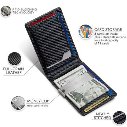 SERMAN BRANDS Money Clip Wallet - Mens Wallets slim Front Pocket RFID Blocking Card Holder Minimalist Mini Bifold (Modern Black Transformer)
