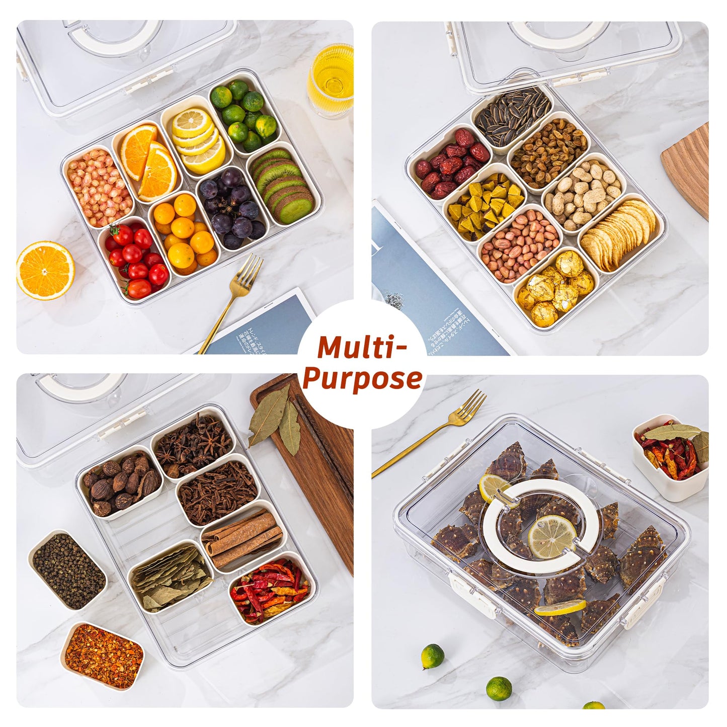 Dingerjar Divided Serving Tray with Lid and Handle - Snackle Box Charcuterie Container for Portable Snack Platters - Clear Organizer for Candy, Fruits, Nuts, Snacks - Perfect for Party, Entertaining