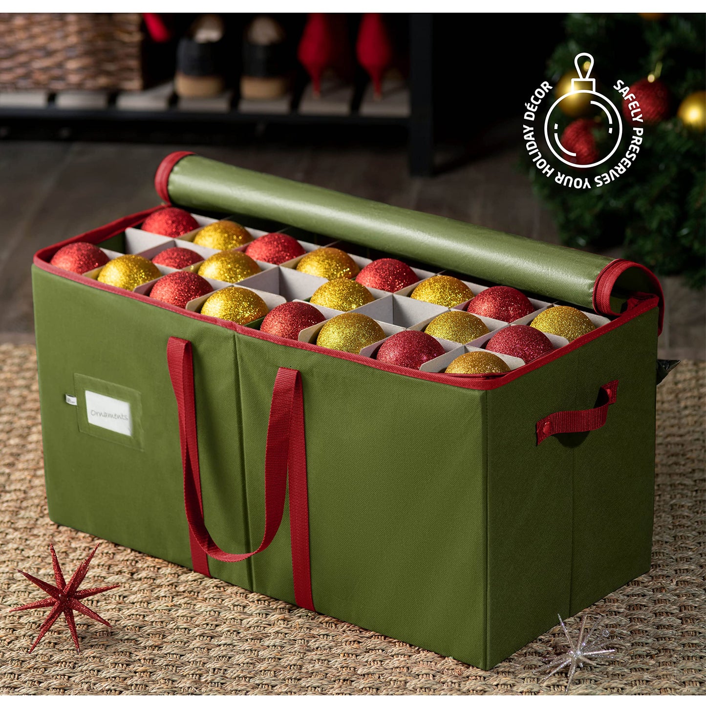 ZOBER Large Christmas Ornament Storage Box - Stores 128 3" Ornaments, With Dividers - Ornament Organizer Storage Box, Durable Christmas Containers Holder - Extra Pockets, Dual Zipper - Green