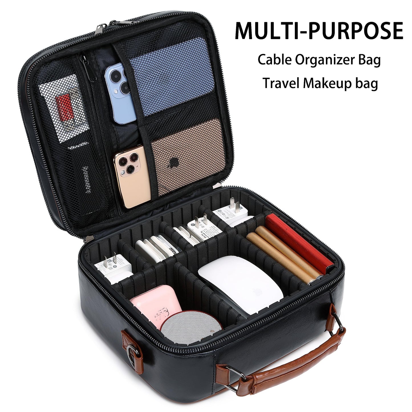 KYALOU Electronics Travel Organizer, Large Electronic Accessories Cable Case with Adjustable Dividers, Waterproof Tech Storage Bag Gifts with Double Layers for Cord, Charger, Power Bank - Black