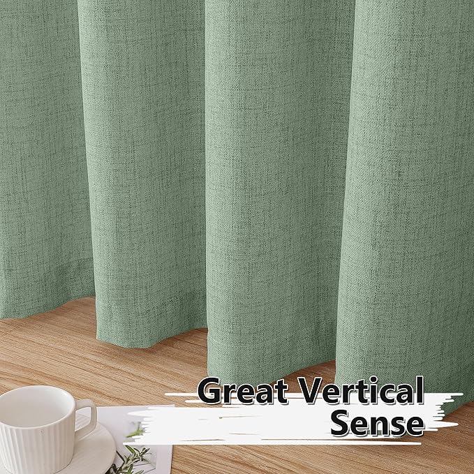 Tollpiz Linen Curtains Bedroom Rod Pocket Semi Sheer Curtain Burlap Light Filtering Thick Linen Drapes for Living Room, 54 x 84 inches Long, Sage Green, Set of 2 Panels