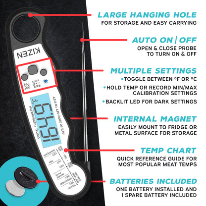Kizen Instant Read Meat Thermometer Digital - Food Thermometer for Cooking, Grill, Oven, BBQ - Waterproof and Backlit Display - Kitchen Gadgets
