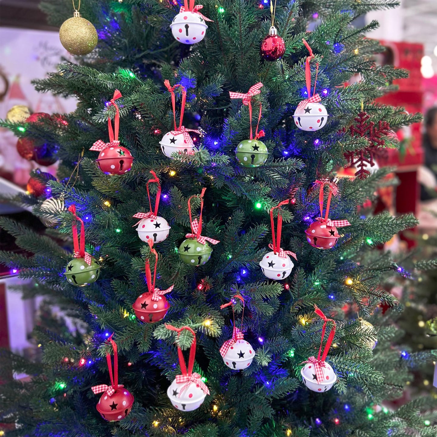 24 Pcs Christmas Jingle Bells 2" Star Cutouts Metal Decorative Bells with Ribbons Xmas Tree Ornaments for Wreath Festival Crafts Home Decorations