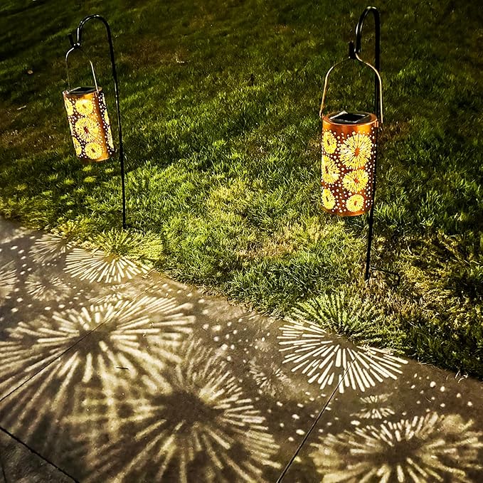 4 Pack Fireworks Birthday Gifts for Women Mom Grandma Solar Lanterns Outdoor Waterproof Garden Decor Metal Hanging LED Decorative Light for Patio Yard Lawn Backyard Front Porch Gardening Gifts
