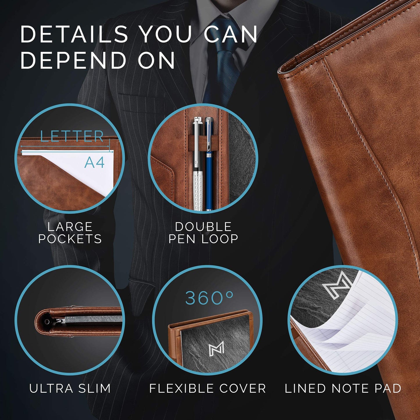 Nero Manetti - Leather Portfolio Folder - Business PU Leather Notepad Holder for Resumes, Legal Pad Executive Binder, Professional Padfolio Notebook for Women/Men (Brown)
