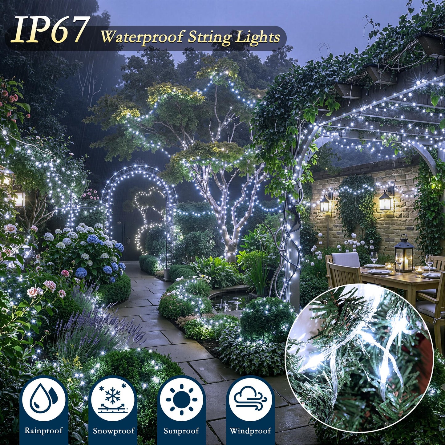 Soagrc 264FT 800LEDs Outdoor String Lights Plug in IP67 Waterproof Twinkle Lights with Remote Dimmable 8 Modes Cool White Decorative Lights for Villa Backyard Pool Deck Summer Wedding Party Christmas