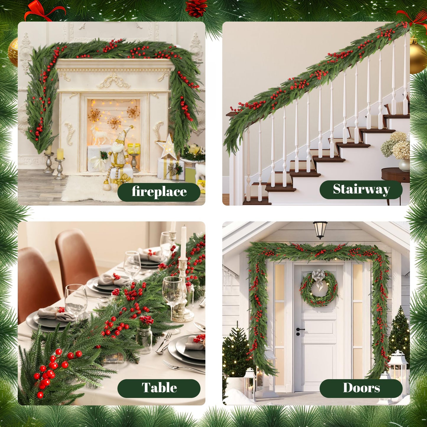 Christmas Norfolk Pine Garland,Real Touch Faux Winter Greenery Garland with Light for Stairs Table Fireplace Backdrop Wall,Christmas Holiday Seasonal Winter Decor (9ft)