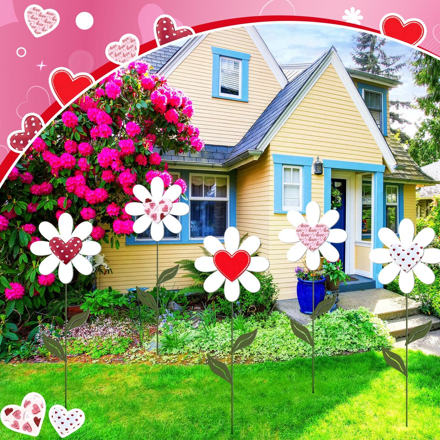 Nuanchu 5 Pcs 27.4" Metal Spring Flower Yard Signs Heart Yard Sign Stake Waterproof Floral Heart Lawn Signs Spring Outdoor Decorations for Mother's Day Outside Garden Patio Pathway Home Decor