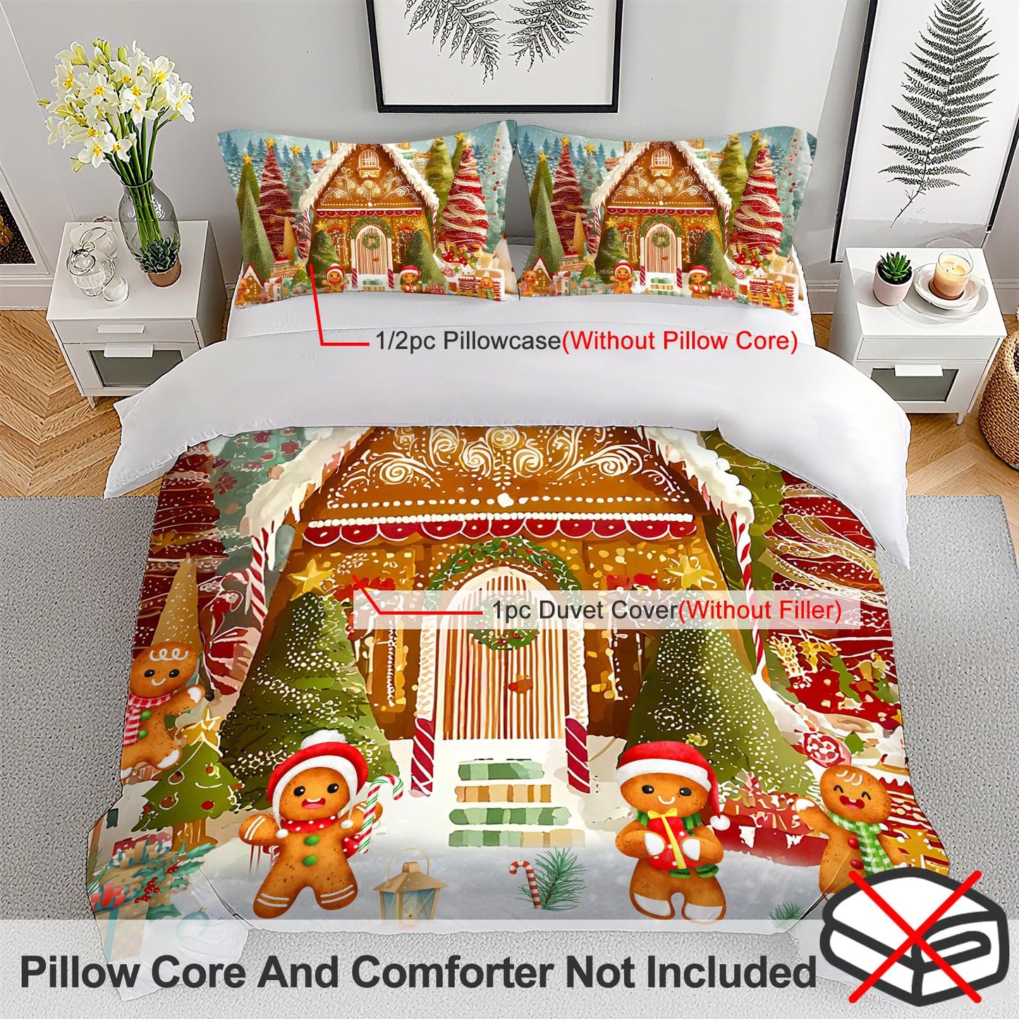 Yopiiefa Christmas Gingerbread Man Bedding Set 3 Pieces Soft Comforter Cover Twin Size with 2 Pillowcases 1 Duvet Cover for Men Women Bedroom
