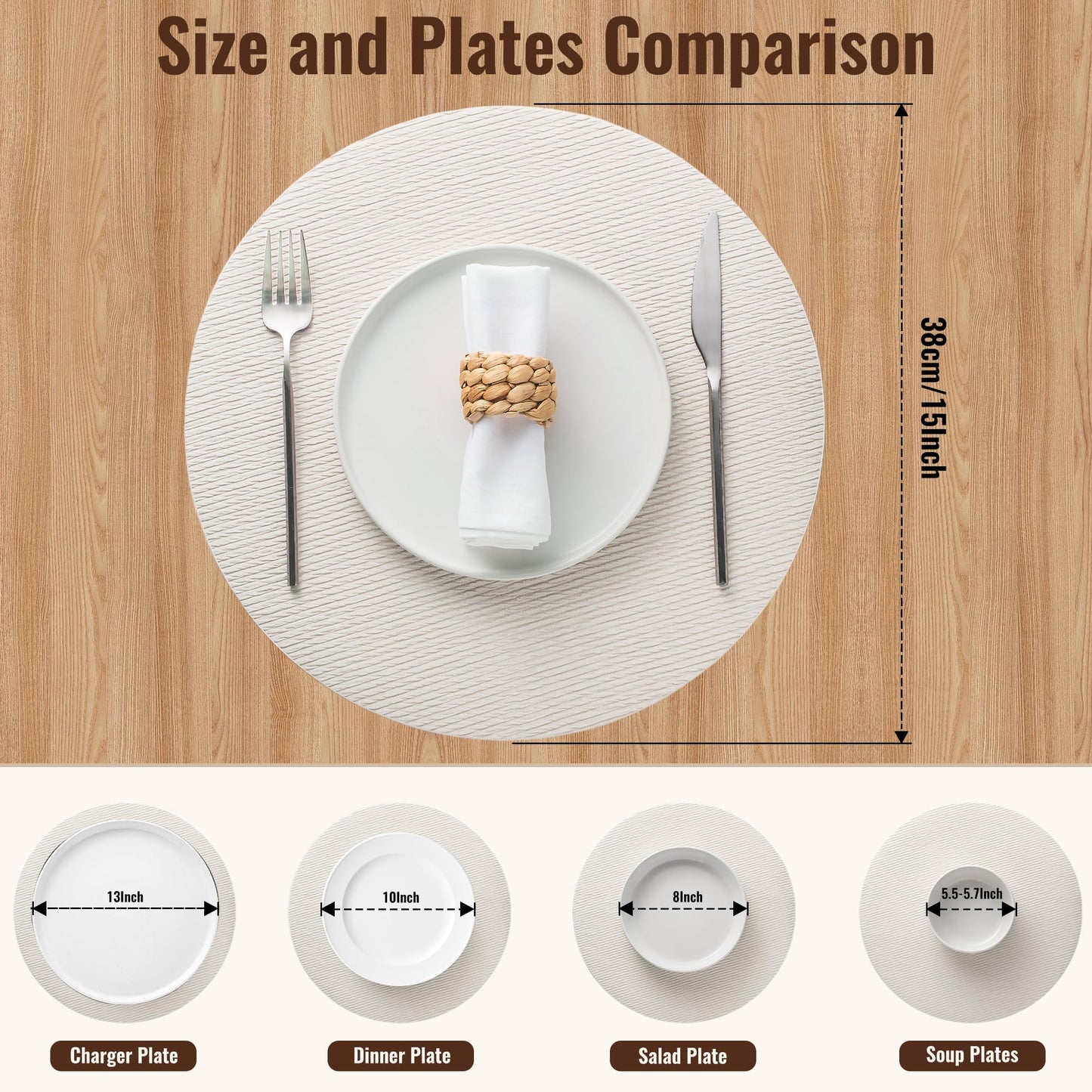 Jovono 15" Faux Leather Big Round Placemats Set of 4 - Washable Heat Resistant Non-Slip Dining Table Mats with Fabric Texture for Kitchen Home Party Decor, White