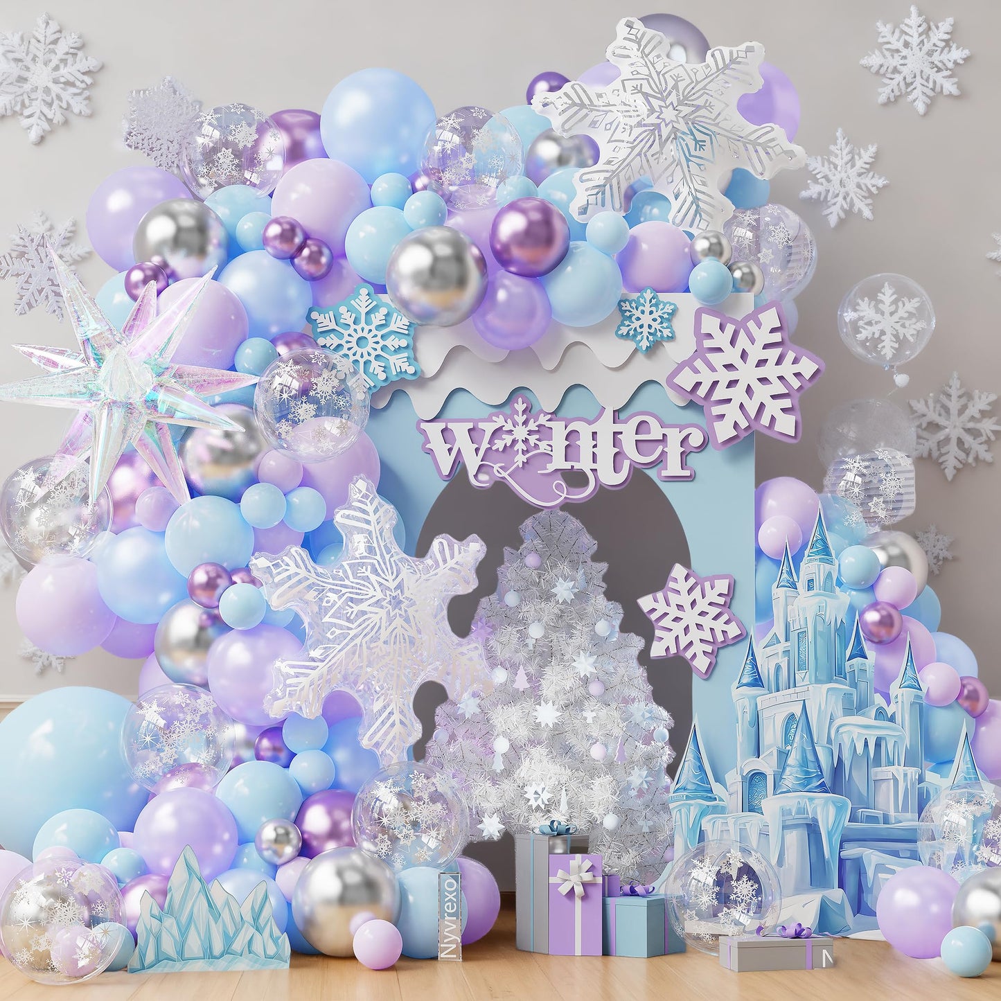 Winter Wonderland Decorations, 162Pcs Snowflake Blue Purple Balloons Arch Garland Kit with Ice Snow Iridescent Explosion Star Foil Balloons for Baby Shower Christmas Birthday Party