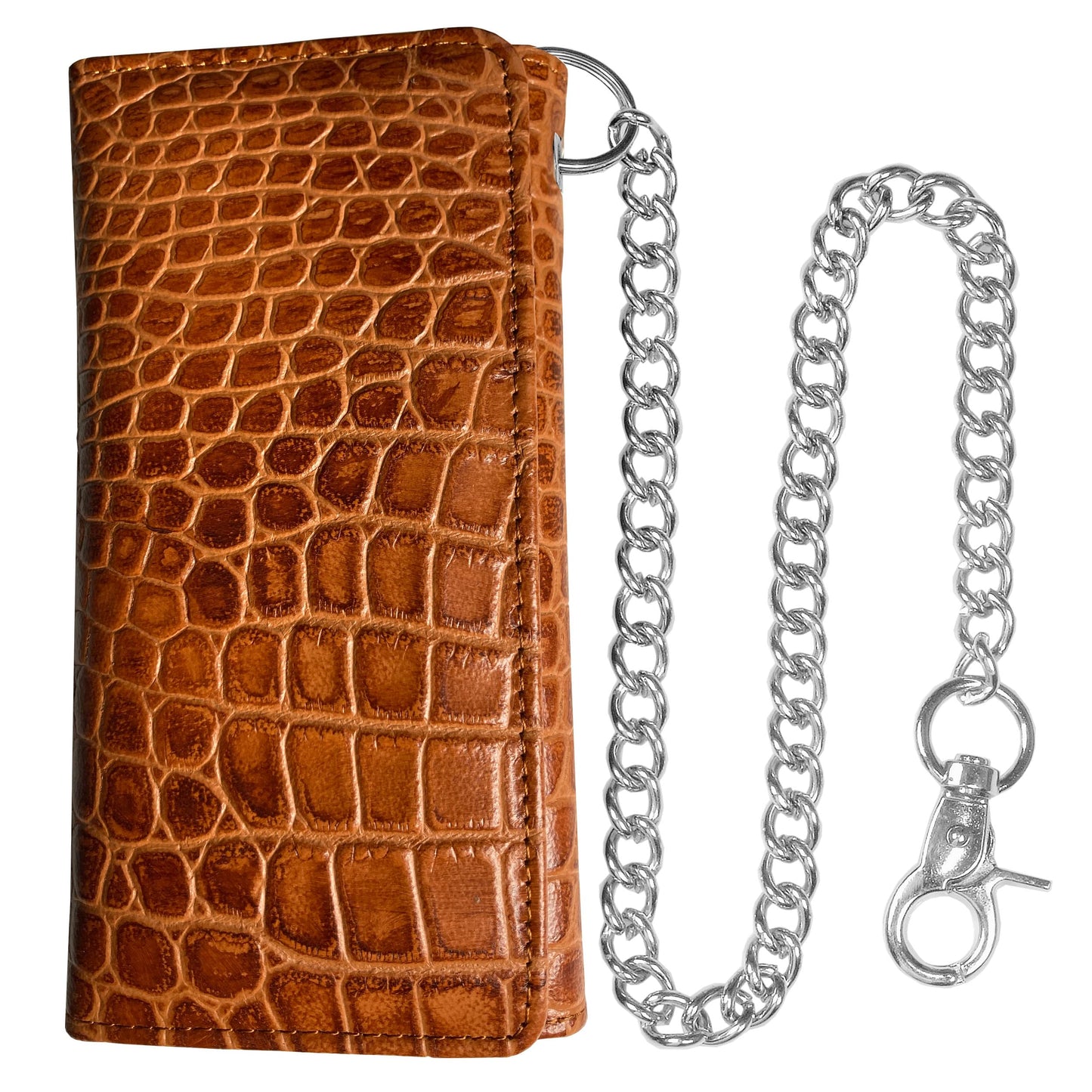 IBRO Motorcycle Chain Wallet for Men – Premium Cowhide Leather, RFID Tri-Fold Biker Wallet with Heavy Duty Chain for Bikers Truckers & Hunters, Credit Card Money Organizer Long Wallet Crocodile Brown