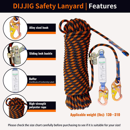 DIJJIG Rope Harness Safety Lanyard 25ft Vertical Roofing Rope With Grab Snap Hooks Shock Absorber Fall Protection Tree Climbing Line Kit Heavy Duty Roof Safety Equipment ANSI CE