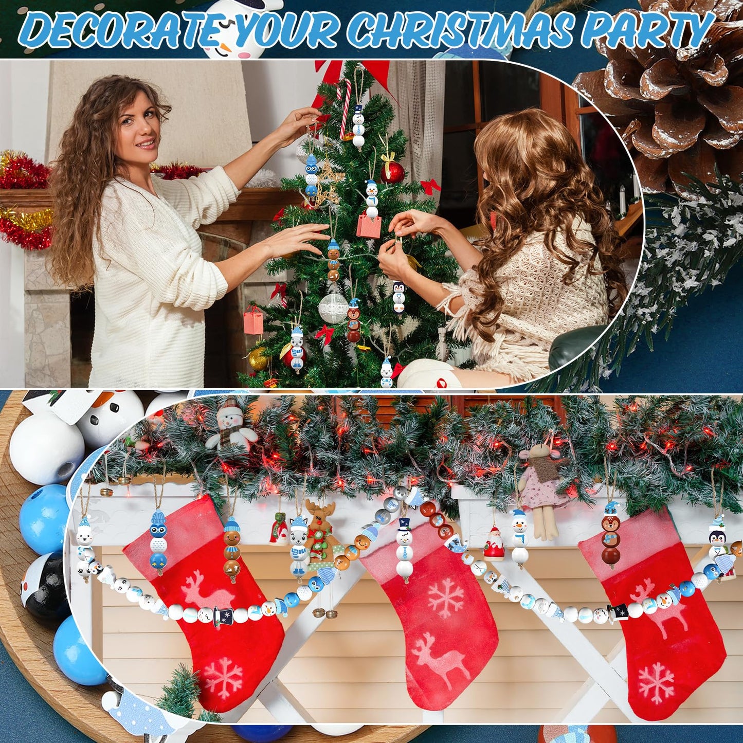Geelin 300 Pcs Christmas Wood Beads with Twine - Santa Gingerbread Snowman Winter Animals Wooden Round Bead for Hanging Ornaments DIY Crafts Garland Holiday Tree Decor(Winter Animals)