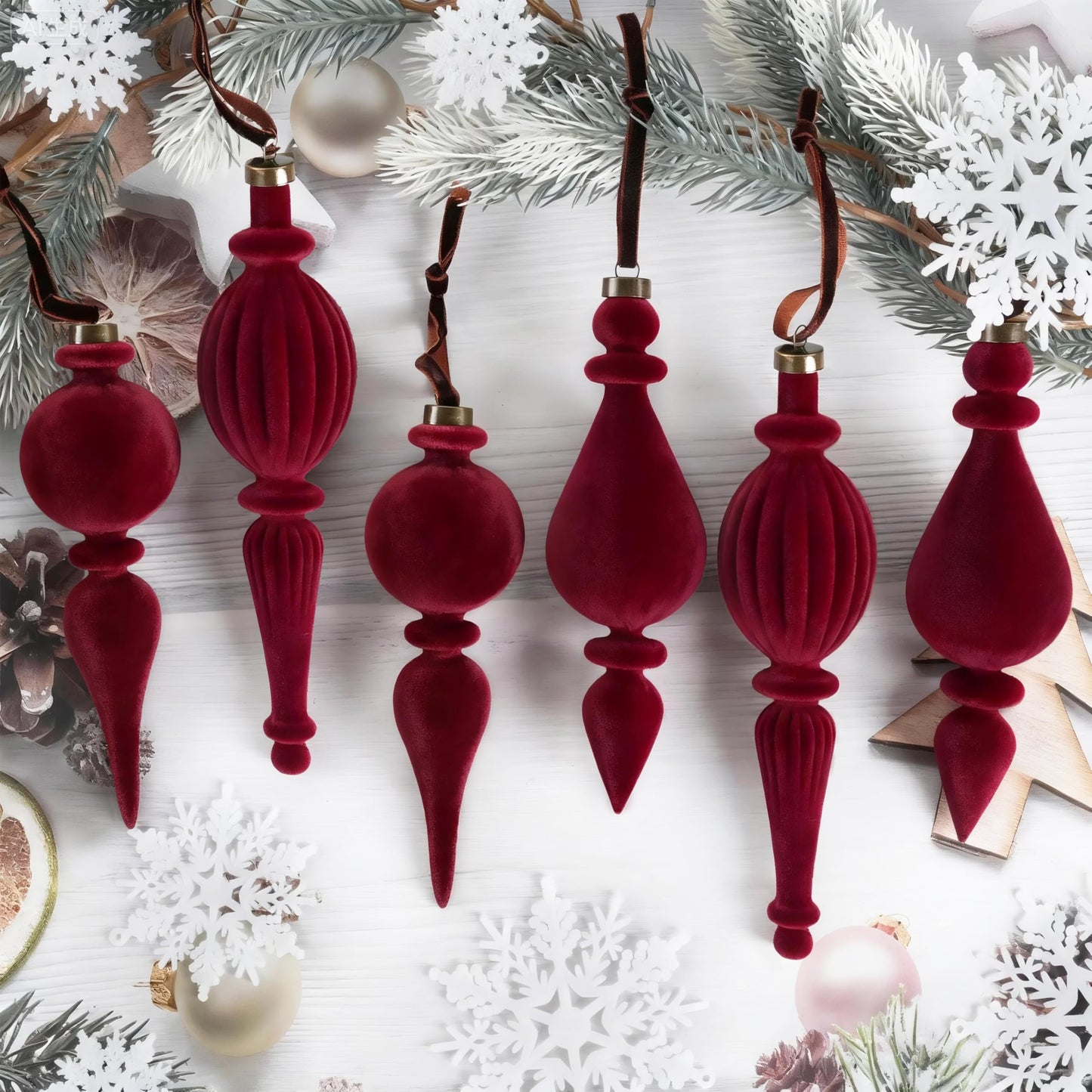 6 Pcs Wine Red Velvet Finial Christmas Tree Ornaments - Christmas Burgundy Velvet Pendants Shatterproof Flocked Hanging Ornaments Decorations for Xmas Tree Winter Holiday Wedding Party Decor