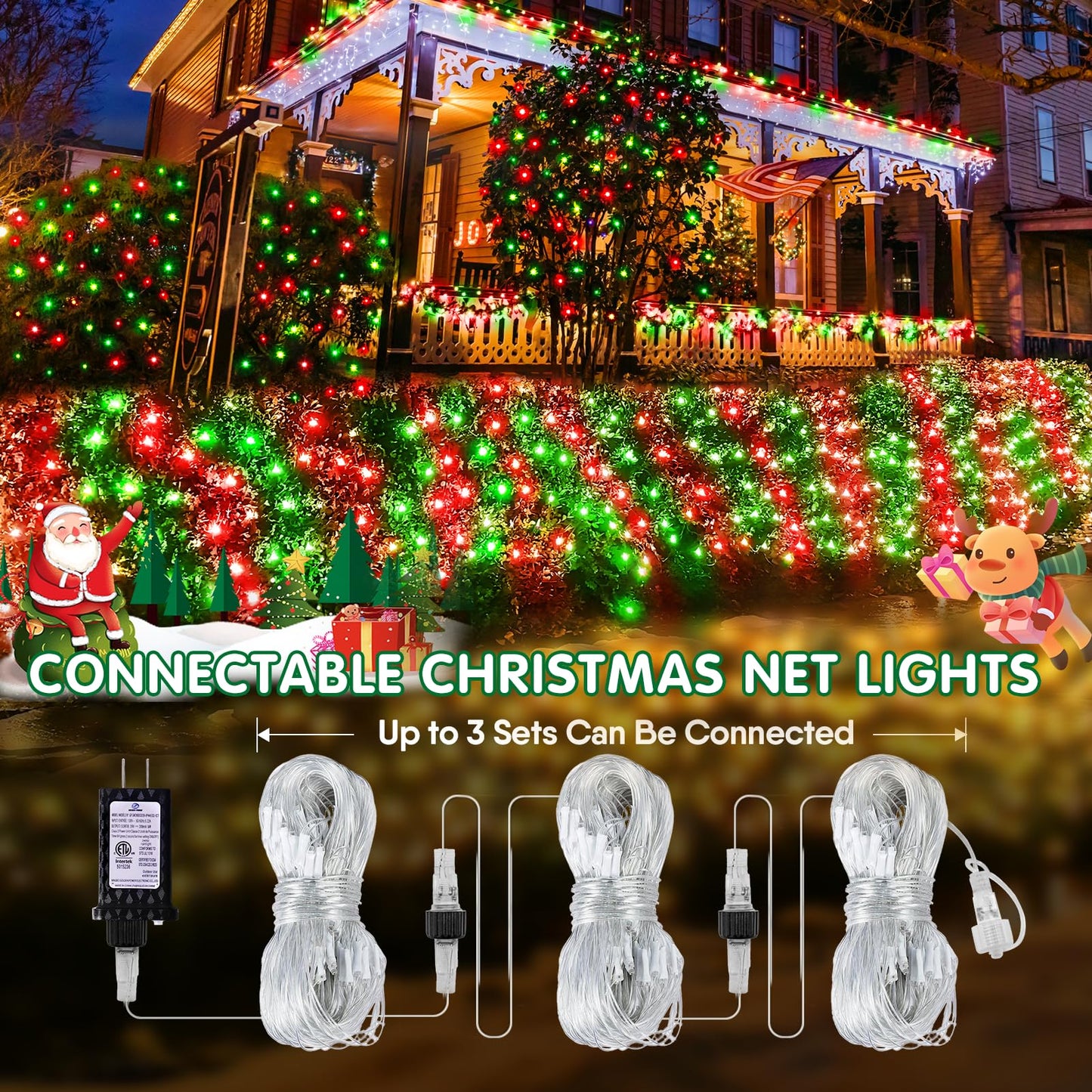Hezbjiti Christmas Net Lights Outdoor 200 LED 6.9FT x 5.4FT Clear Wire with 8 Modes, Connectable Plug in Waterproof, Timer Memory Function for Xmas Tree Bushes Porch Lawn Windows Decor（Red Green）