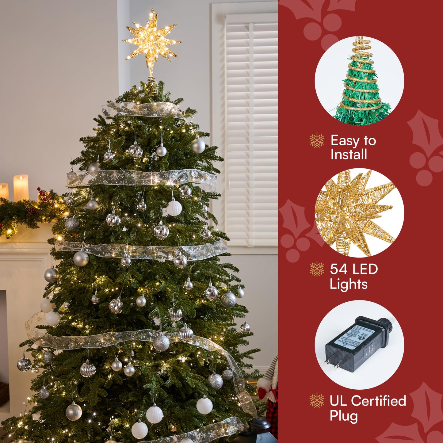 JOIEDOMI 7.8" Metal 3D Star Christmas Tree Topper Golden Glitter Decorations with 56 LED Warm White with Plug Timer Ornaments Treetop Home Holiday Party Indoor Decor
