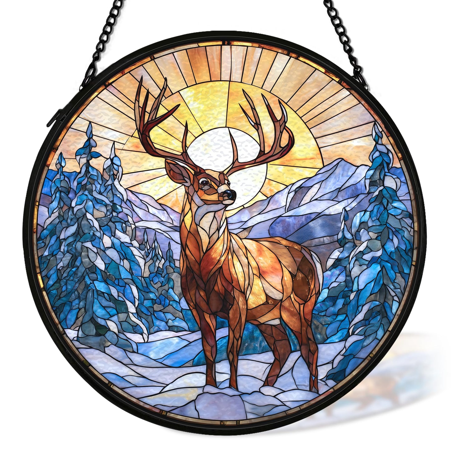 cvjutf Winter Wonderland Christmas Deer Suncatcher Stained Glass Window Hanging Decorstions, Landscape Stained Glass Wall Decor, Winter Solstice Gifts, Forest Garden Sun Catchers Window Art, 7.9x7.9In