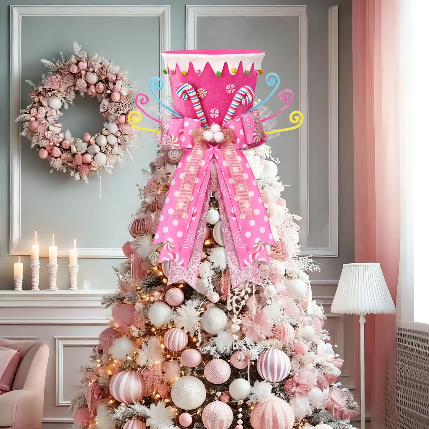 AWHETIE Candy Cane Christmas Tree Topper,Candy Cane Christmas Decorations,Velvet Pink Hat with Peppermint Bows Ribbon Ornaments,Top Hat Christmas Tree Topper for Holiday Xmas Decorations (Pink)