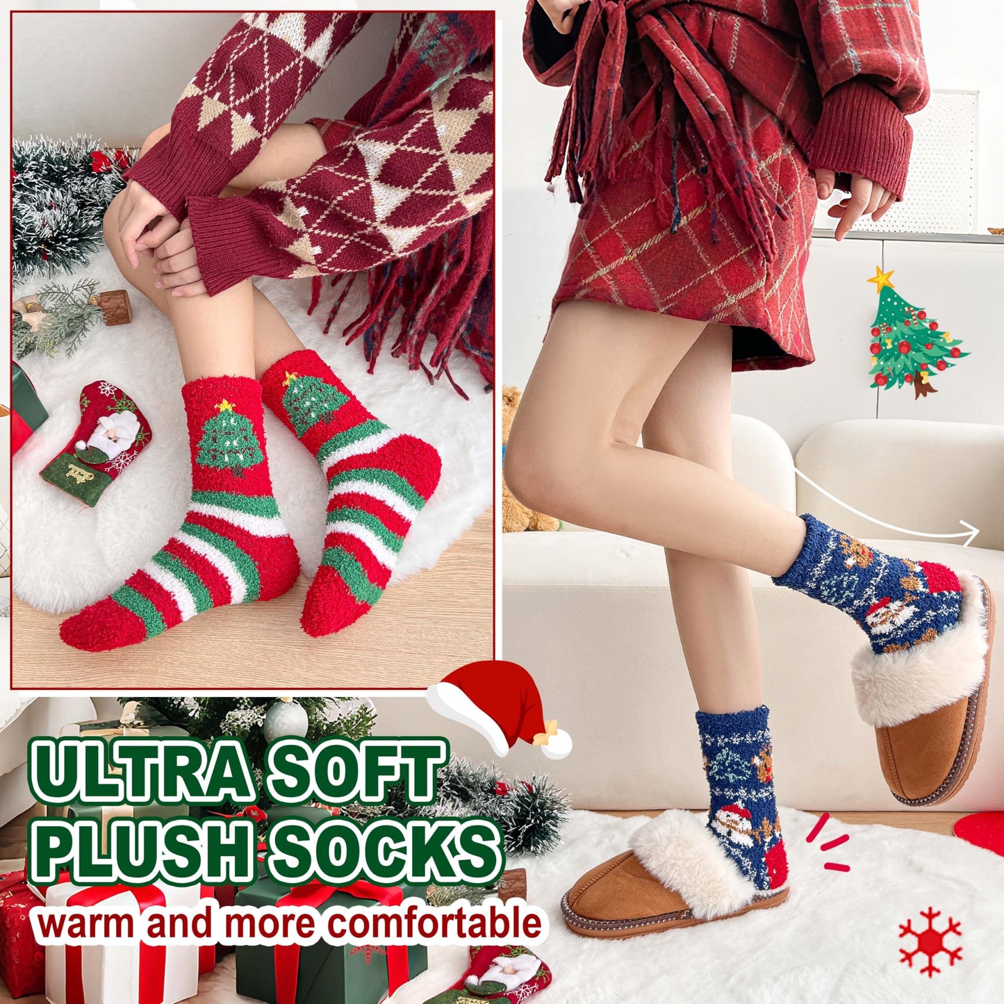 Sandsuced Fuzzy Christmas Socks for Women Fluffy Cozy Winter Warm Cute Fun Plush Comfy Fleece Sleep Christmas Gifts Cabin Socks Stocking Stuffers for Womens Mom 5 Pairs(Christmas Deer,M)
