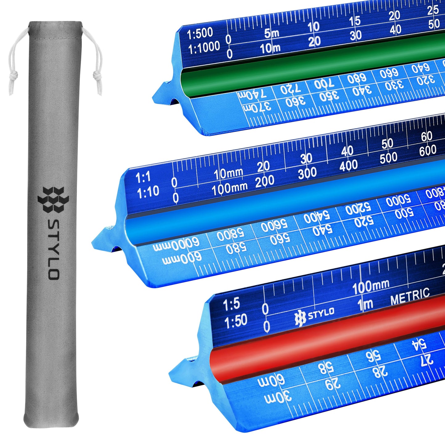 Stylo 12" Aluminum Architect Scale Ruler Laser Etched Triangle Drafting Ruler, Color Coded Grooves for Blueprint, Drafting and Drawing, Architectural Scale Ruler for Blueprints (Blue, Metric Units)