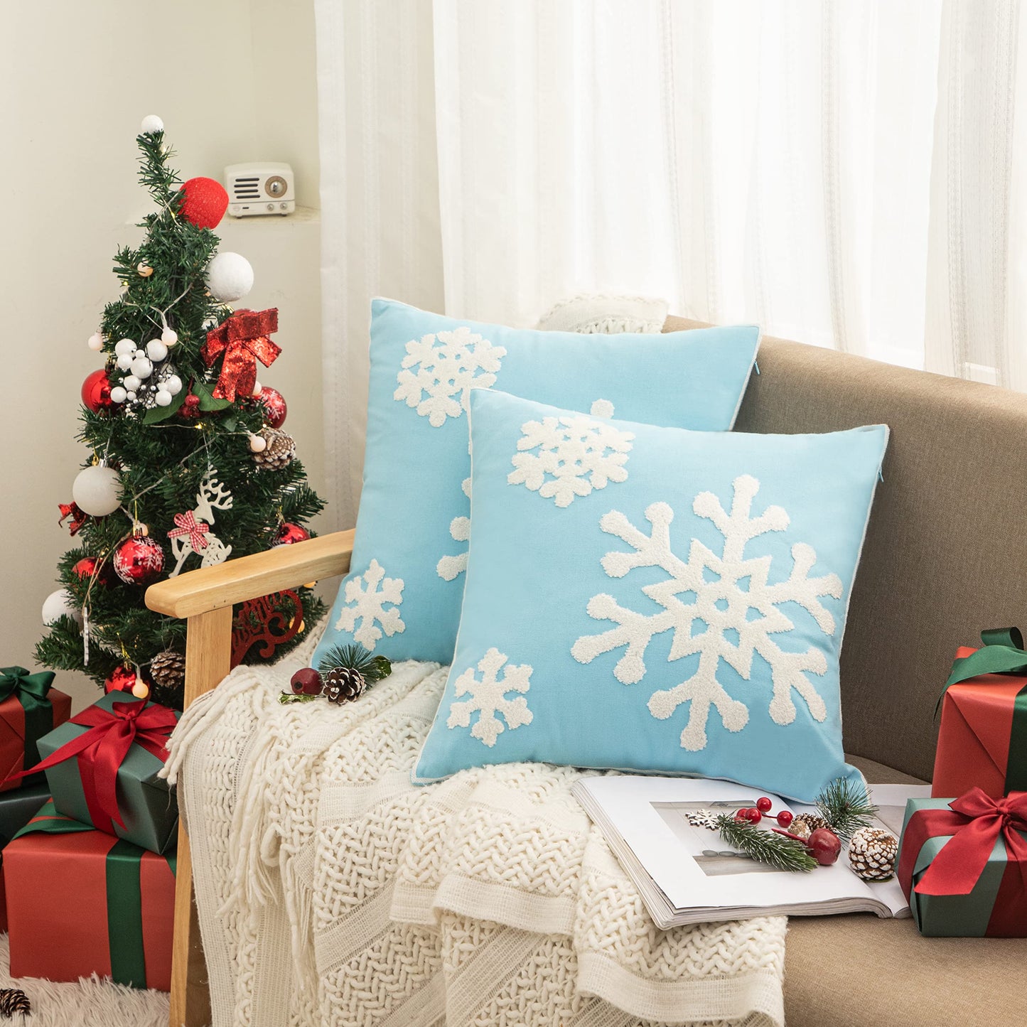 AFIRMLY 18x18,Cotton Christmas Blessing Throw Pillow Cover for Bed Sofa Cushion Car Snowflake Embroideried Pillowcases,1pair Blue