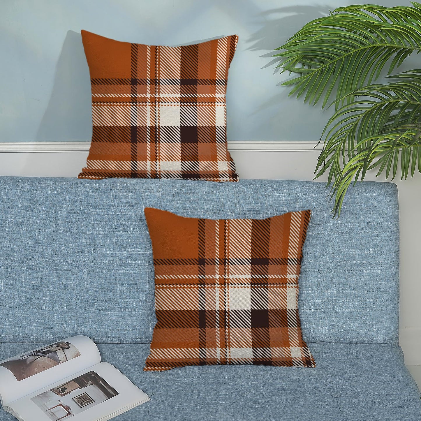 JEFERSO Fall Pillow Covers 18x18 Inch Set of 2 Burnt Orange Black Plaids Throw Pillows Autumn Harvest Thanksgiving Decoration Pillowcases Linen Outdoor Fall Decor Cushion Covers for Couch Sofa Home