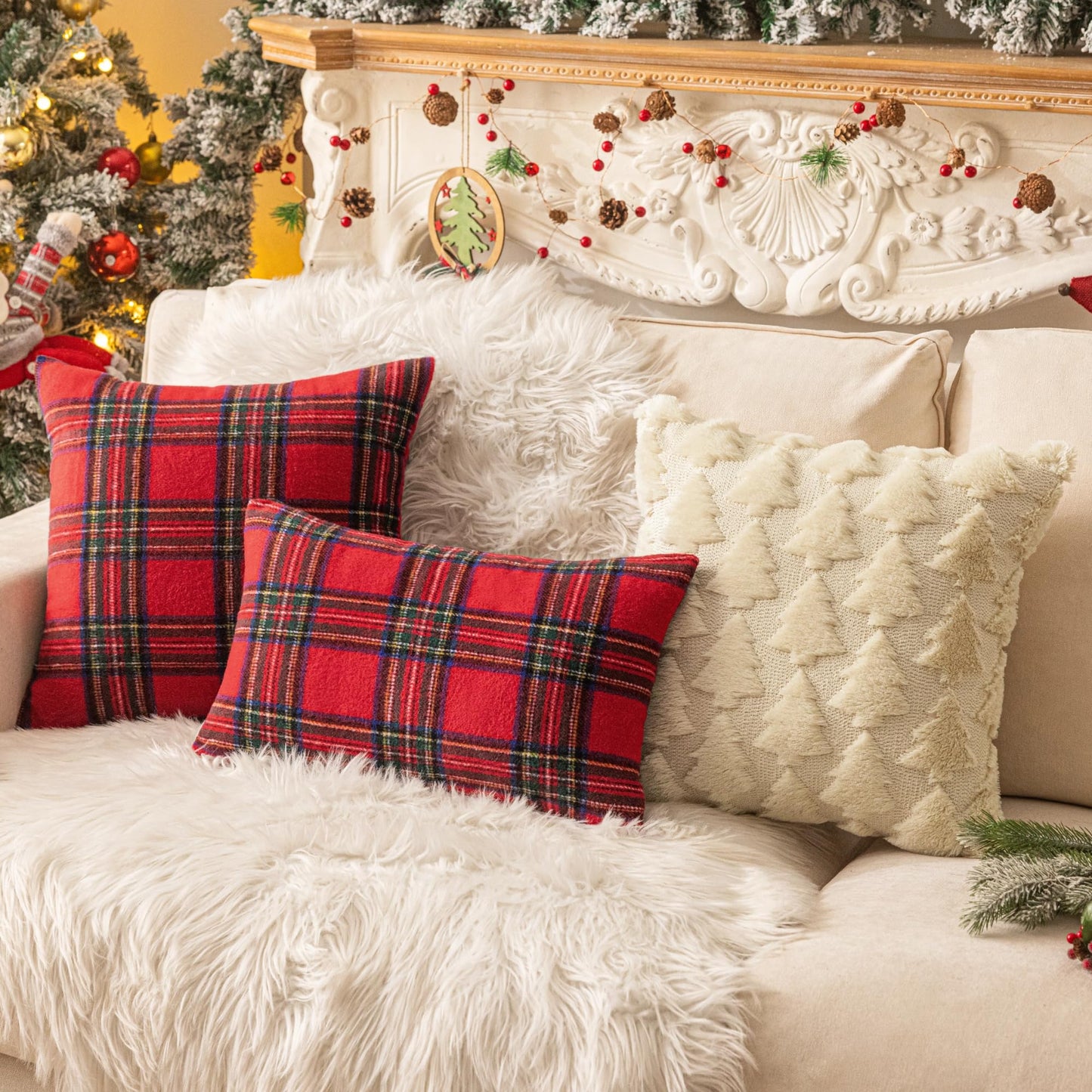 AQOTHES Christmas Plaid Throw Pillow Covers Set of 2 Scottish Tartan Winter Farmhouse Cushion Cover for Couch Sofa Bed Porch Home Holiday Decor Red 18 x 18 Inch