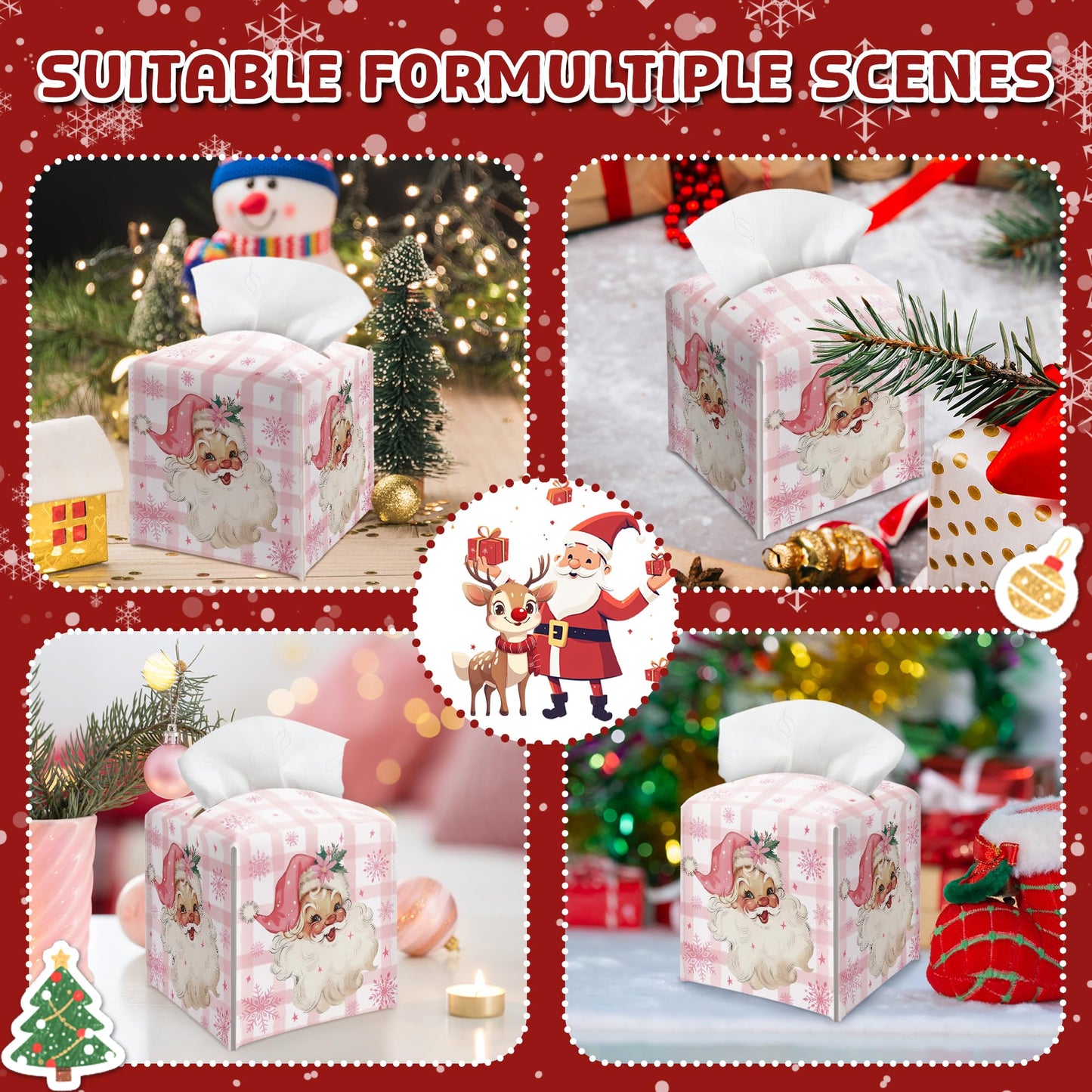 Christmas Box Cover Square, Santa Claus Pink Checkered Decorative Tissue Box Holder, Waterproof Leather Tissues Boxes Dispenser for Bathroom, Office, Car, Bedroom Nightstand, Home Decor