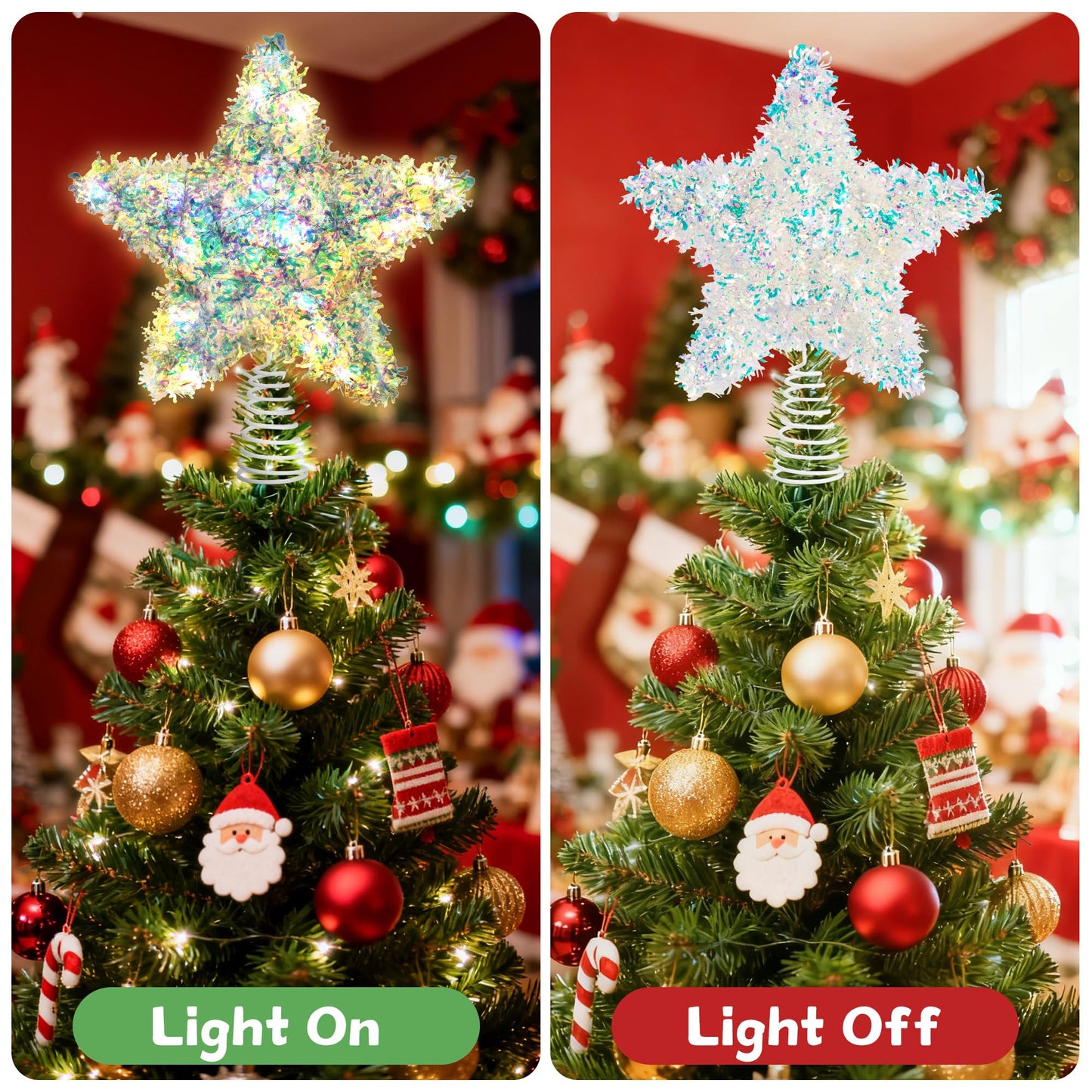 Joytry Christmas Tree Topper Star Iridescent Tinsel Star Tree Topper 10 Inch Lighted Tree Topper Battery Operated Christmas Tree Decoration for Holiday Indoor Decoration Warm White Light