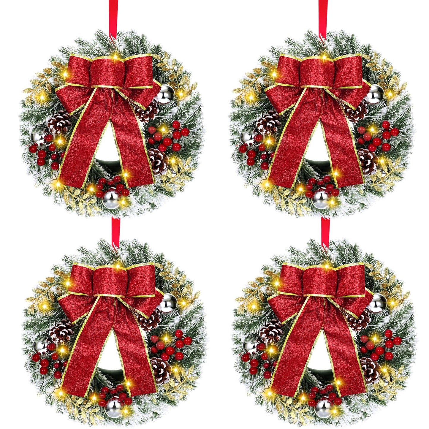 4 Pcs Lighted Christmas Wreaths, 12 Inch Pre Lit Small Xmas Wreath with Large Bow, Pine Needle Wreath with LED Lights Battery Operated Xmas Ornaments for Front Door Wall Christmas Party Decor(Silver)