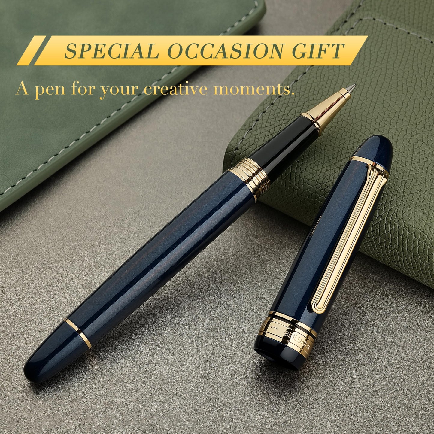 BEILUNER 319 Piano Blue Lacquer Rollerball - Stunning Luxury Pen with 24K Gold, Heavy, Schneider Black Ink Refill, Best Gift Set for Men & Women, Professional, Executive Office, Fancy Classic Pens