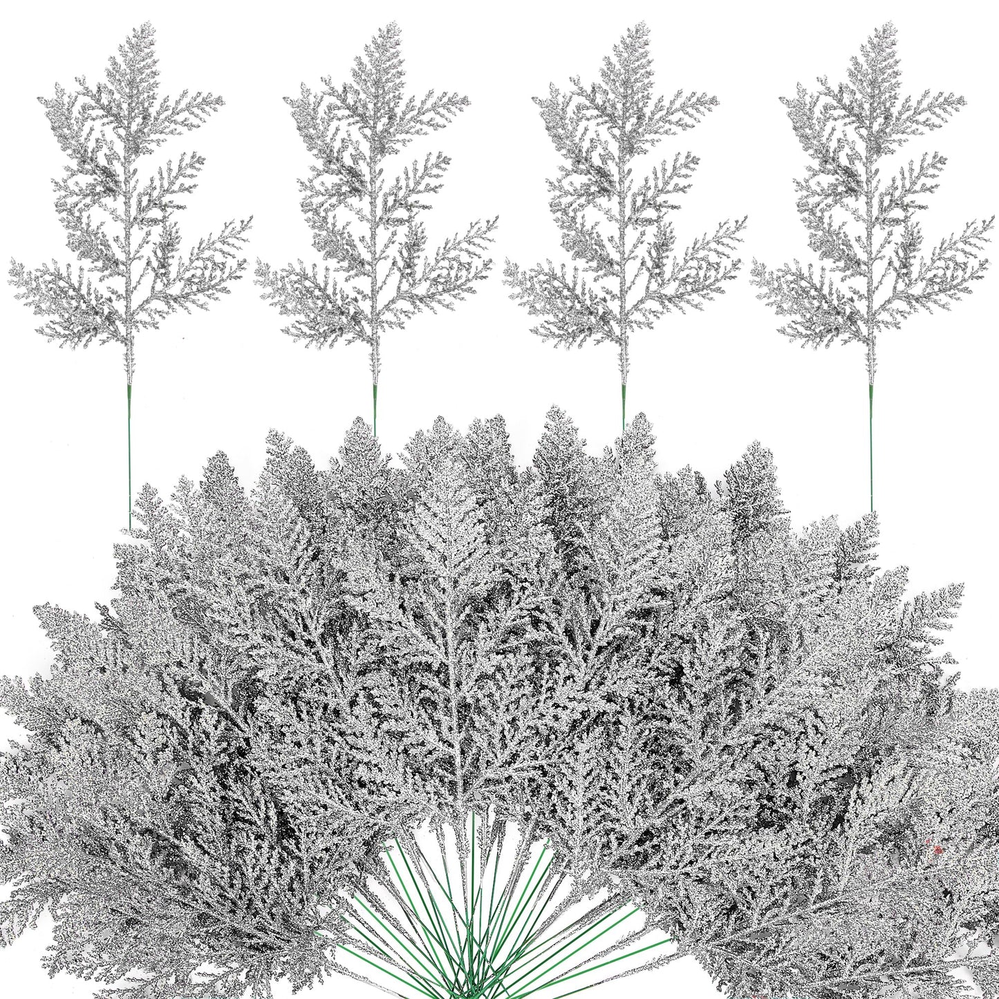 Watayo 45 Pcs Glitter Artificial Pine Needles- 10.6" Fake Foliage Pine Stems Picks- Silver Leaves Artificial Flowers Picks for Christmas DIY Garland Wreath Home Garden Decoration