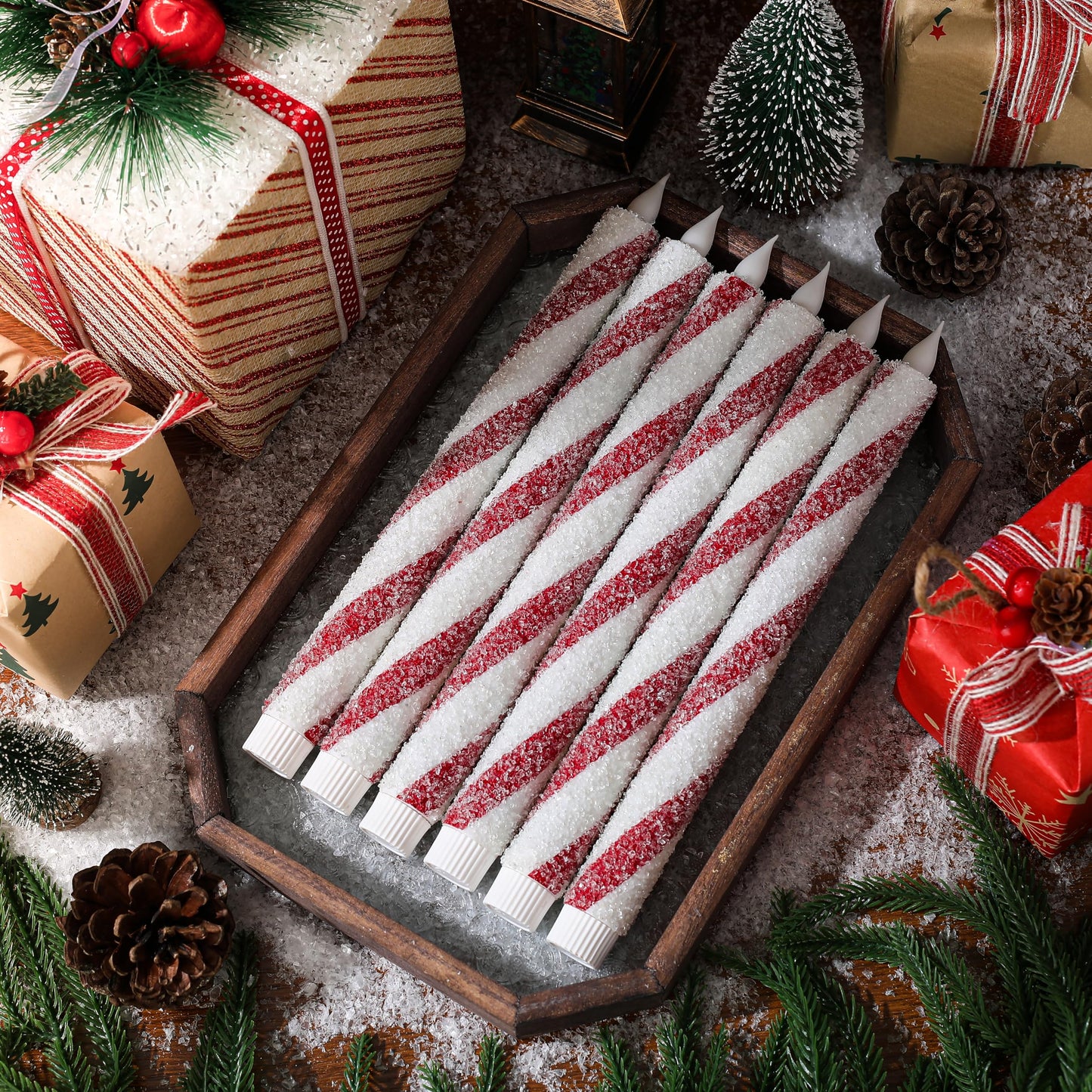 Christmas Flickering Flameless Taper Candles - 6PCS Glitter Candy Cane Red and White Stripes Sea Salt Real Wax Battery Operated Candles For Christmas Party Wedding Winter Home Decoration Xmas Decor