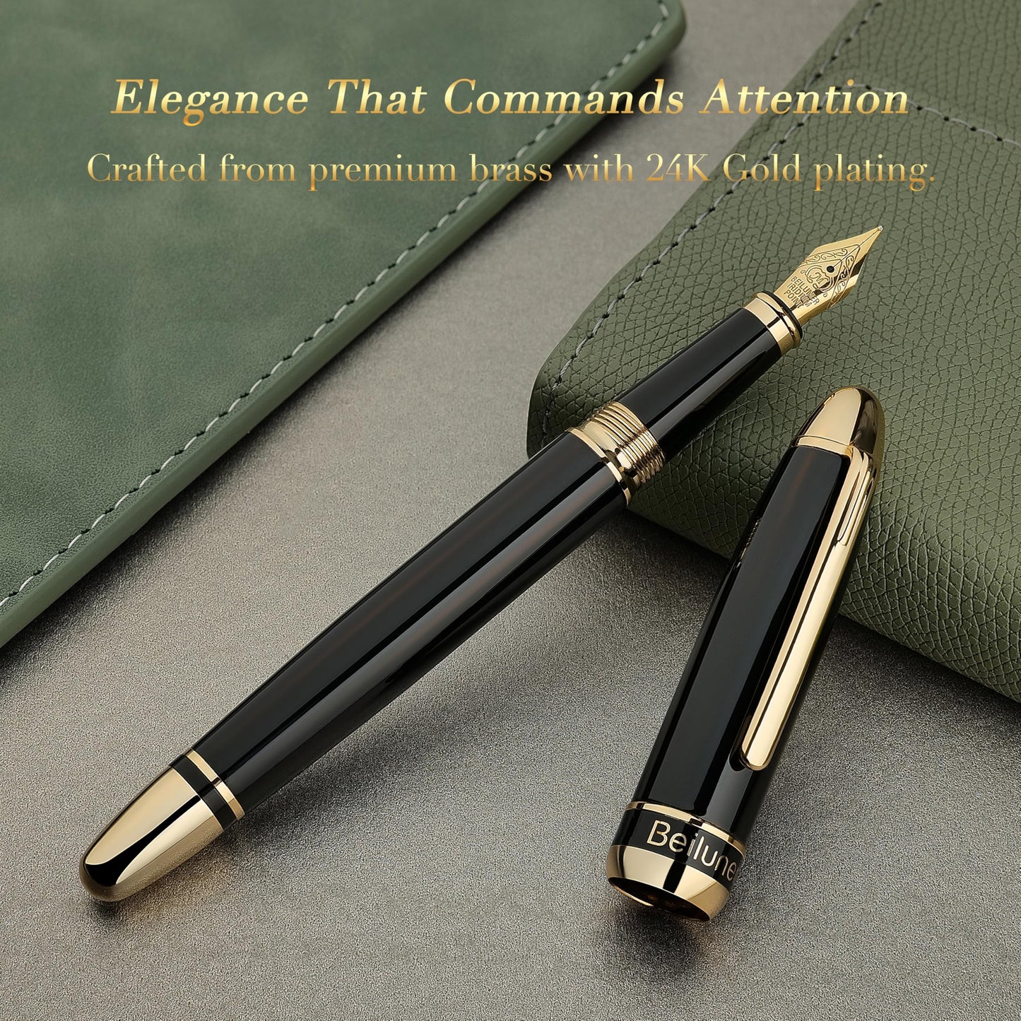 BEILUNER 315 Black Fountain Pen,Stunning Luxury Pens with 24K Gold Accents, Gorgeous 24K Gilded Nib(Medium), Ink Converter,Fancy Pen Gift for Men&Women-Elegant, Office, Reliable, Nice Design
