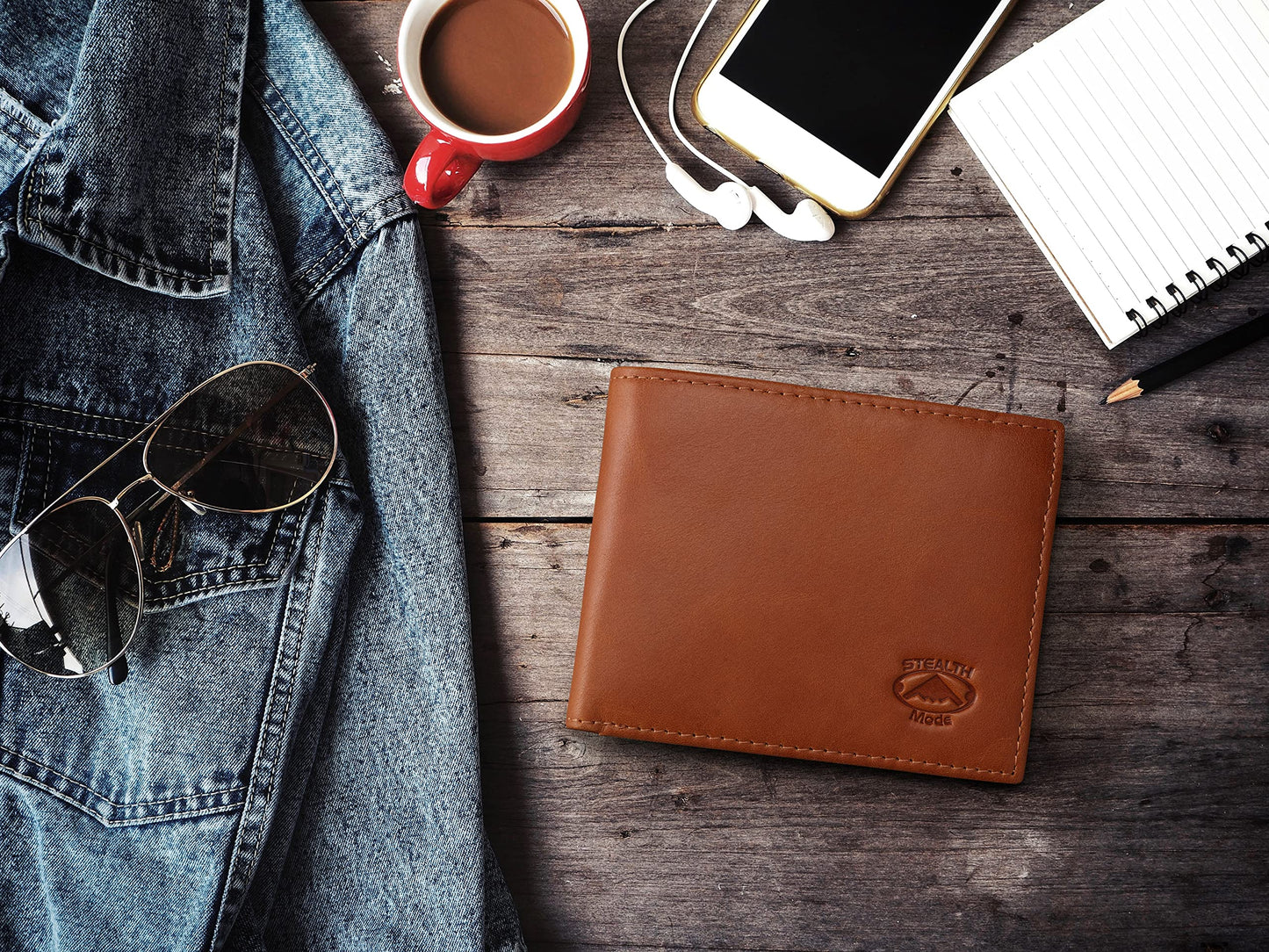 Stealth Mode Leather Bifold Wallet for Men With ID Window and RFID Blocking (Beige)